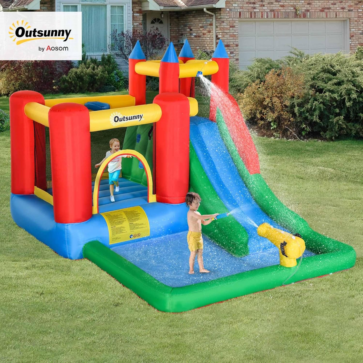 6-in-1 Kids Bounce House Inflatable Water Slide with Pool, Water Cannon, Climbing Wall, Inflator Included, Jumping