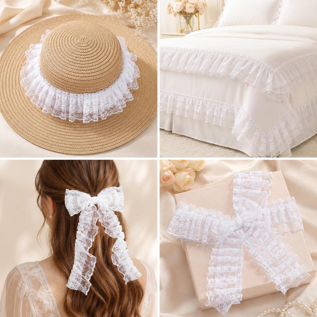 White Lace Ribbon, 1.8" x 6 Yards Double Layer Ruffle Trim