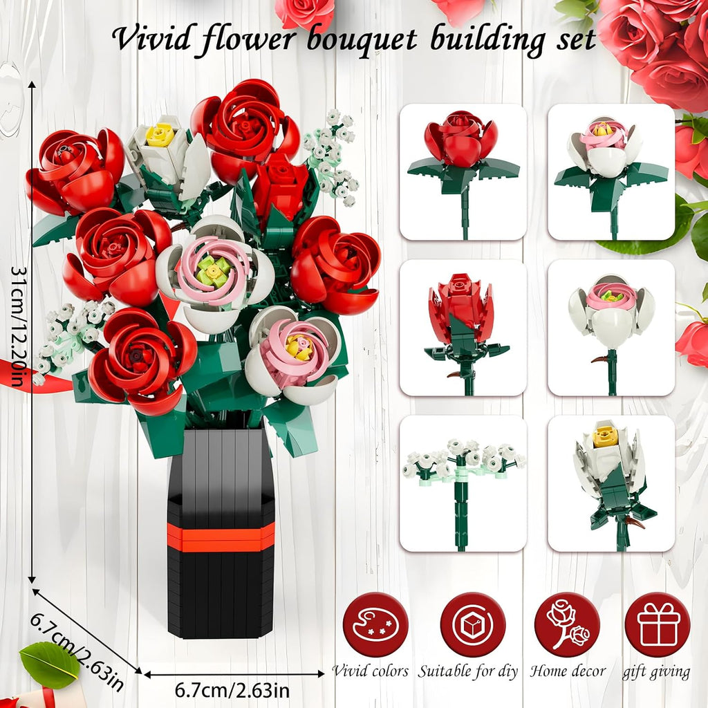 Flower Bouquet Building Set, Artificial Roses Toy Building Set with Vase, Building Blocks Flower Brick Toys for Home