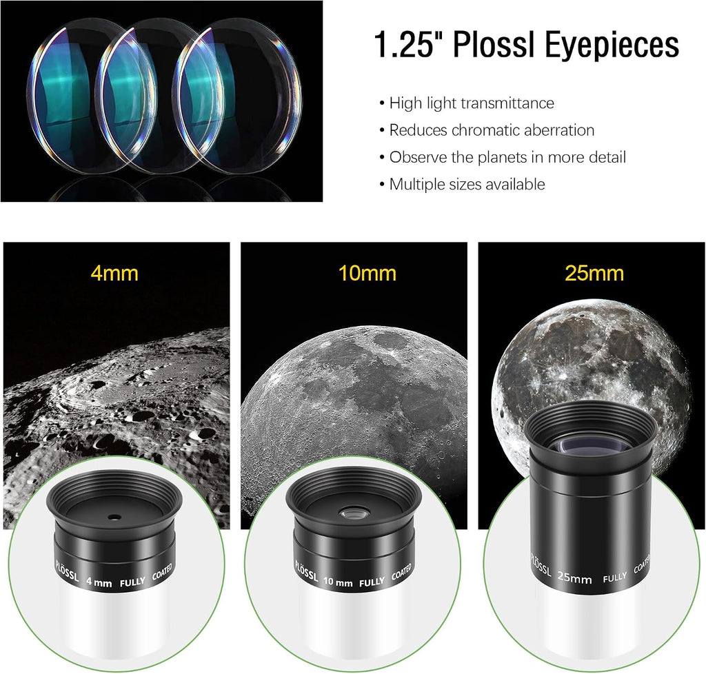 Eyepiece Set with 4 10 25mm Plossl Eyepieces & Barlow Lens 2X | Telescope Accessory Kit, 50 Degree Plossl Eyepiece