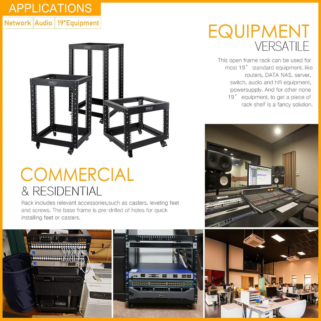 12U Server Rack Open Frame with Casters-RIVECO 4 Post Quick Assembly 19-inch, Data Rack Network Shelf Cabinet Heavy Duty Black
