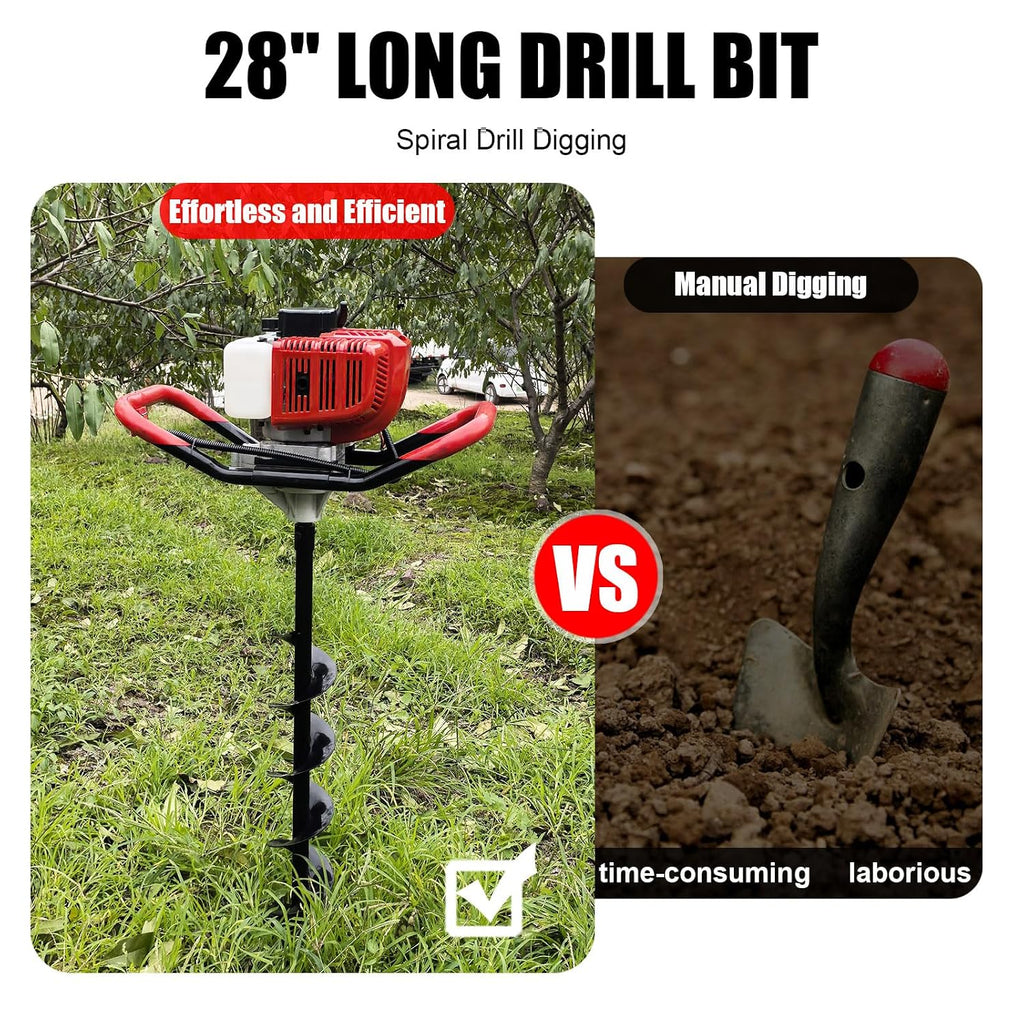 52cc Gas Post Hole Digger 1800W with 3 Bits & 3 Extensions | 52cc 2-Stroke, 1800W/8000RPM, 3 Bits (4/6/8"), 3