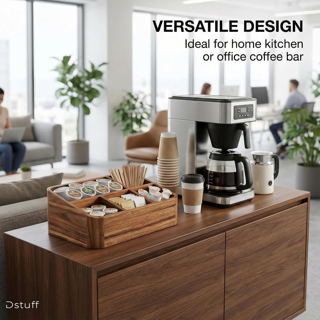 Acacia Wood Coffee Station Organizer for Countertop, Tea Organizer and Holder, Coffee Bar Caddy with Multiple