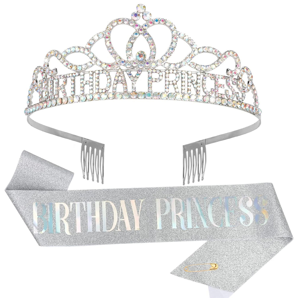 Birthday Princess Crown and Sash Set - Silver AB Rhinestones Tiara for Women and Girls - Birthday Decorations
