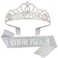 Birthday Princess Crown and Sash Set - Silver AB Rhinestones Tiara for Women and Girls - Birthday Decorations