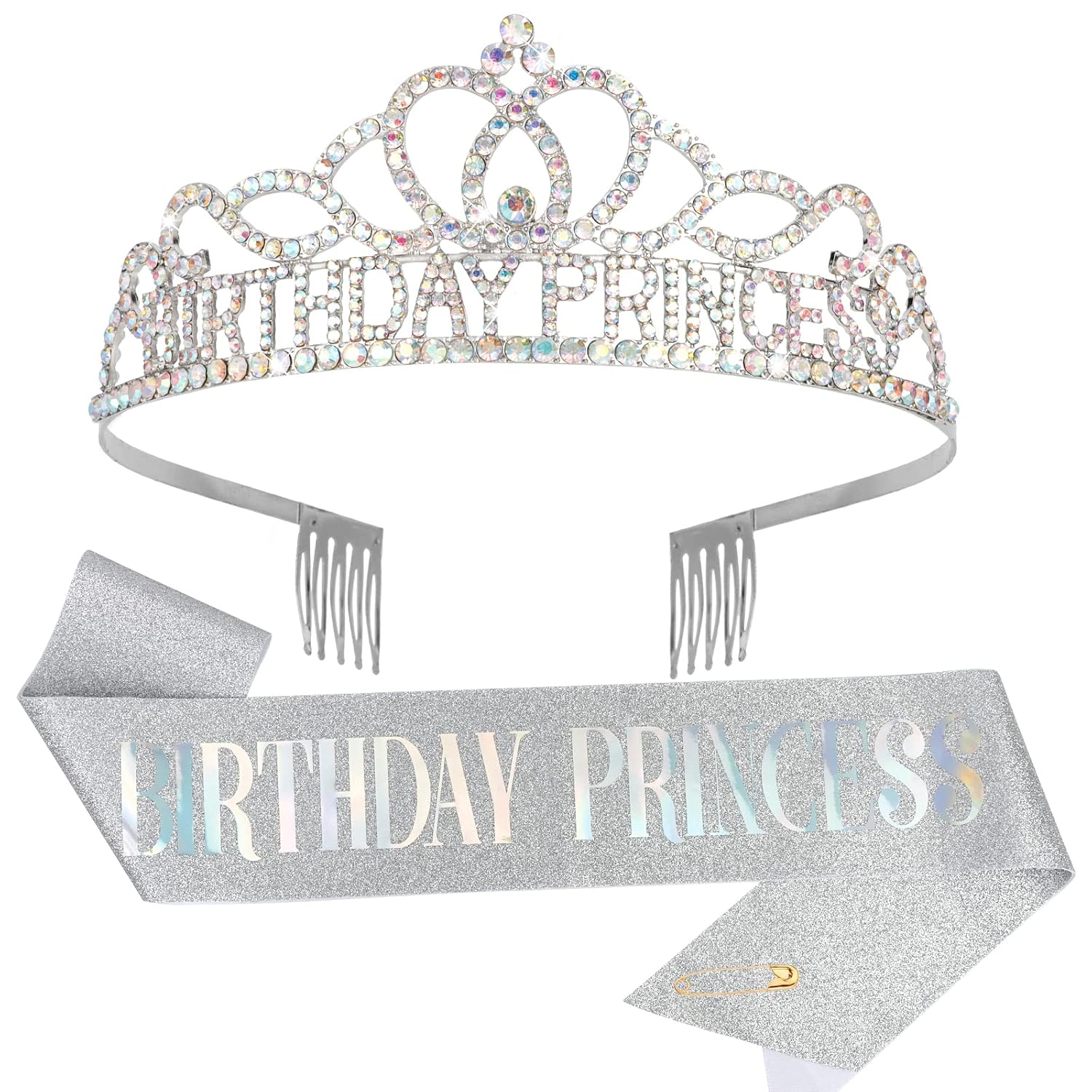 Birthday Princess Crown and Sash Set - Silver AB Rhinestones Tiara for Women and Girls - Birthday Decorations
