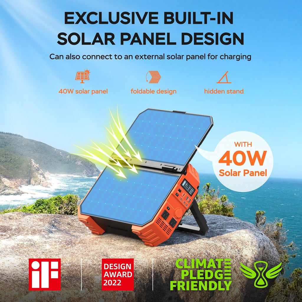 Portable Power Station 1600W (Peak 3200W), Built-in Solar Panel, 1024Wh LiFePO4 Battery, 100W USB-C Fast Charge