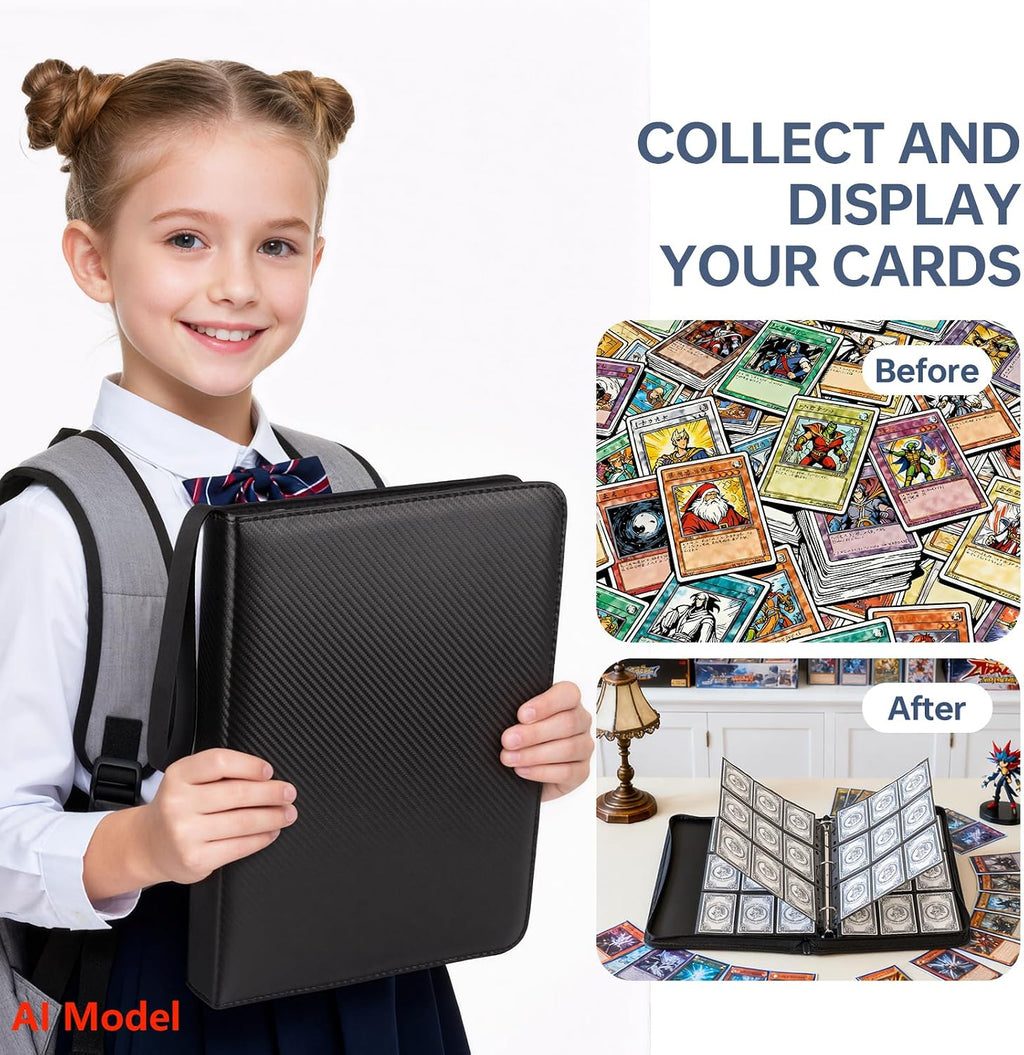 9 Pocket 720 Zip Trading Card Binder, Carbon Fiber Textured, Black | Double sided pocket, top loading, wear-resistant