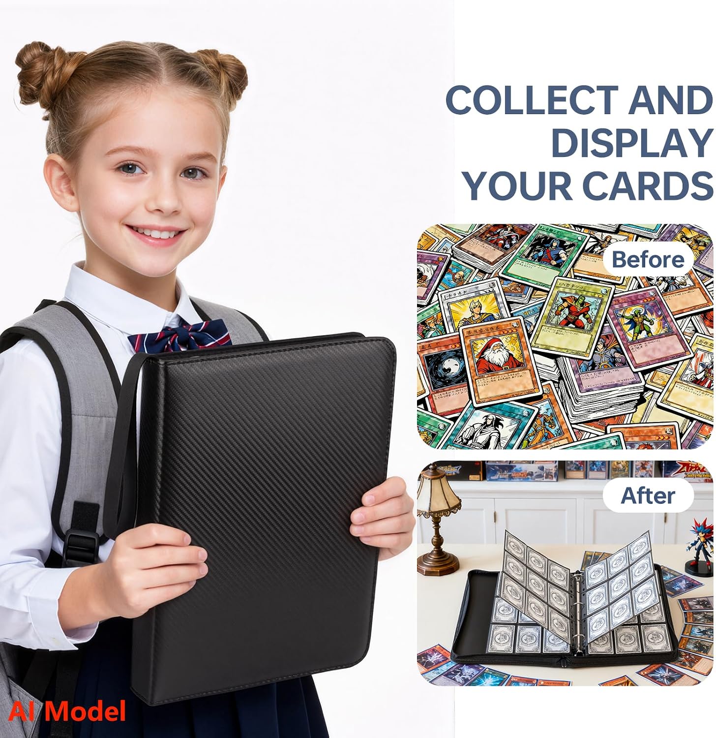 9 Pocket 720 Zip Trading Card Binder, Carbon Fiber Textured, Black | Double sided pocket, top loading, wear-resistant