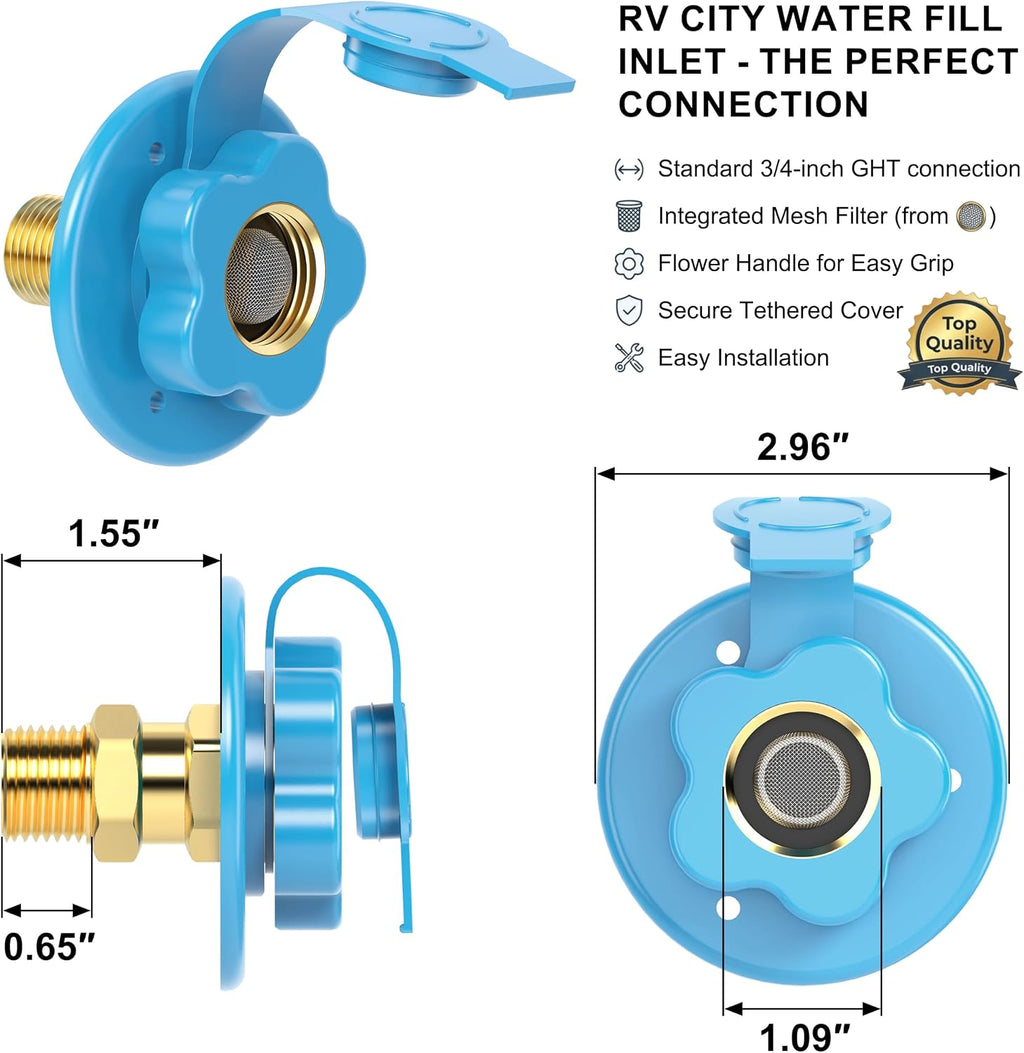 RV City Water Fill Inlet Flange Brass with Check Valve Blue