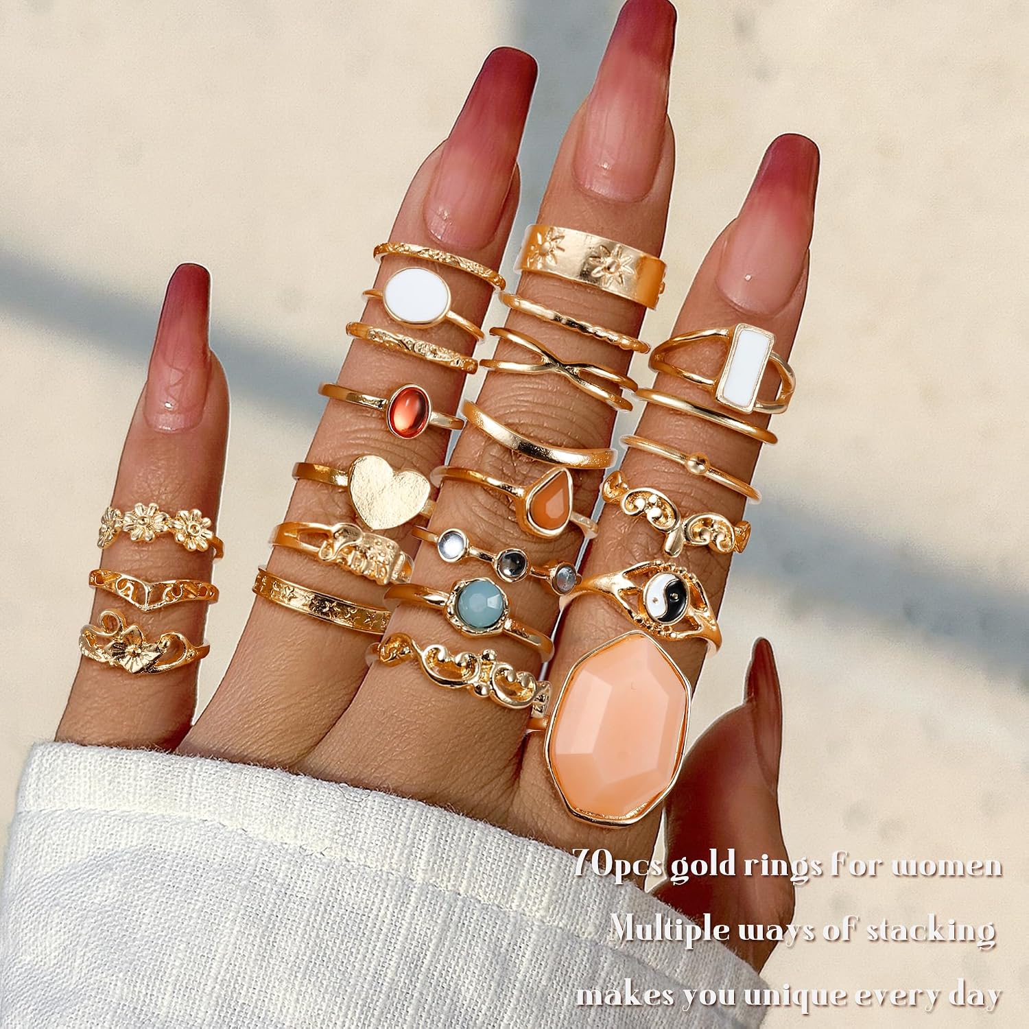 70 Pcs Vintage Crystal Ring Set Knuckle Rings for Women Bohemian Stackable Joint Rings Retro Boho Stacking Joint