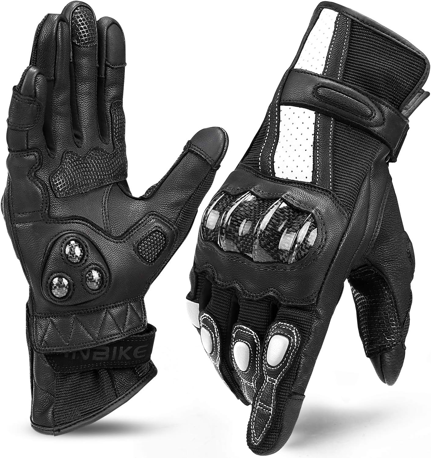 Leather Motorcycle Gloves with Carbon Fiber Hard Knuckle Touch Screen for Women Black Medium