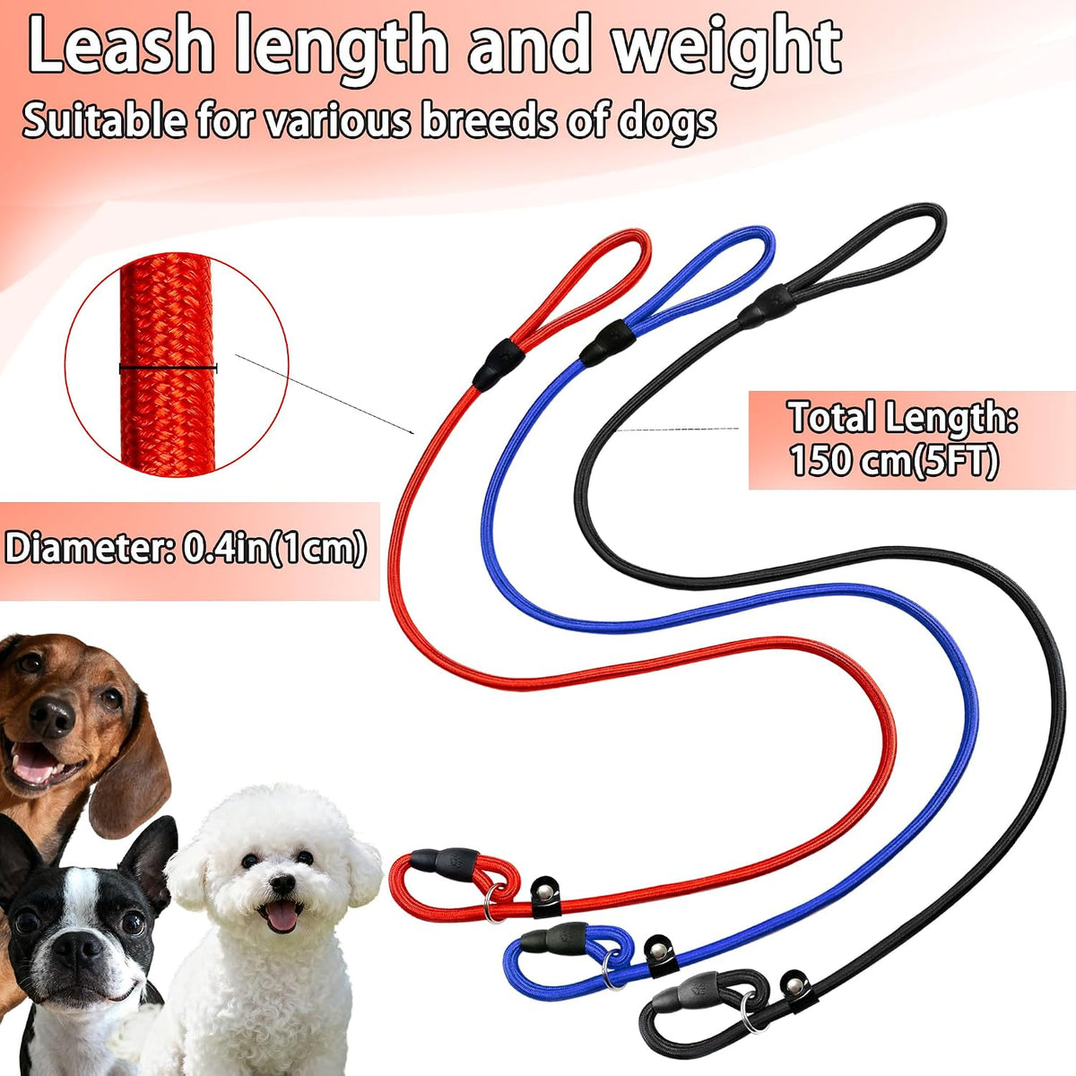 3-Pack 10mm Woven Nylon Dog Slip Leashes, 4.6FT, Red Black Blue