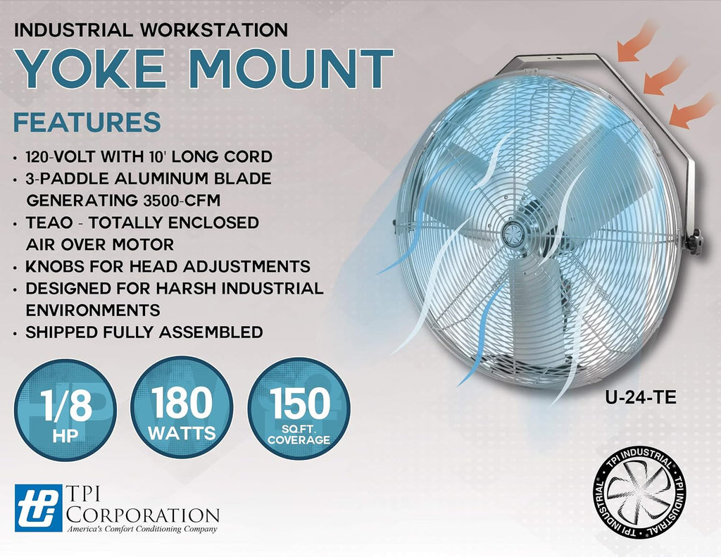 TPI Corporation U24-TE Industrial Workstation Fan, Mountable, Single Phase, 24" Diameter, 120 Volt