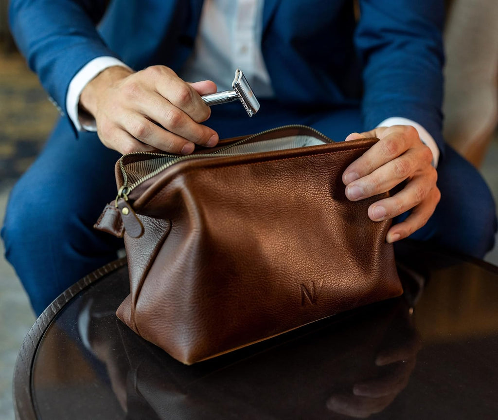 Premium Genuine Leather Toiletry Bag for Men - The Ultimate Travel Dopp Kit and Hygiene Organizer, Perfect Men's