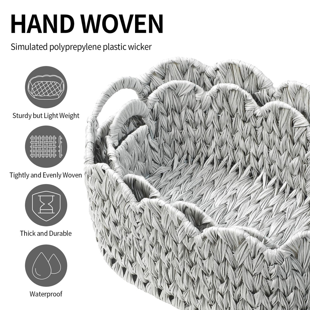 Set of 2 Scalloped Baskets, Small Wicker Baskets for Gifts, Grey