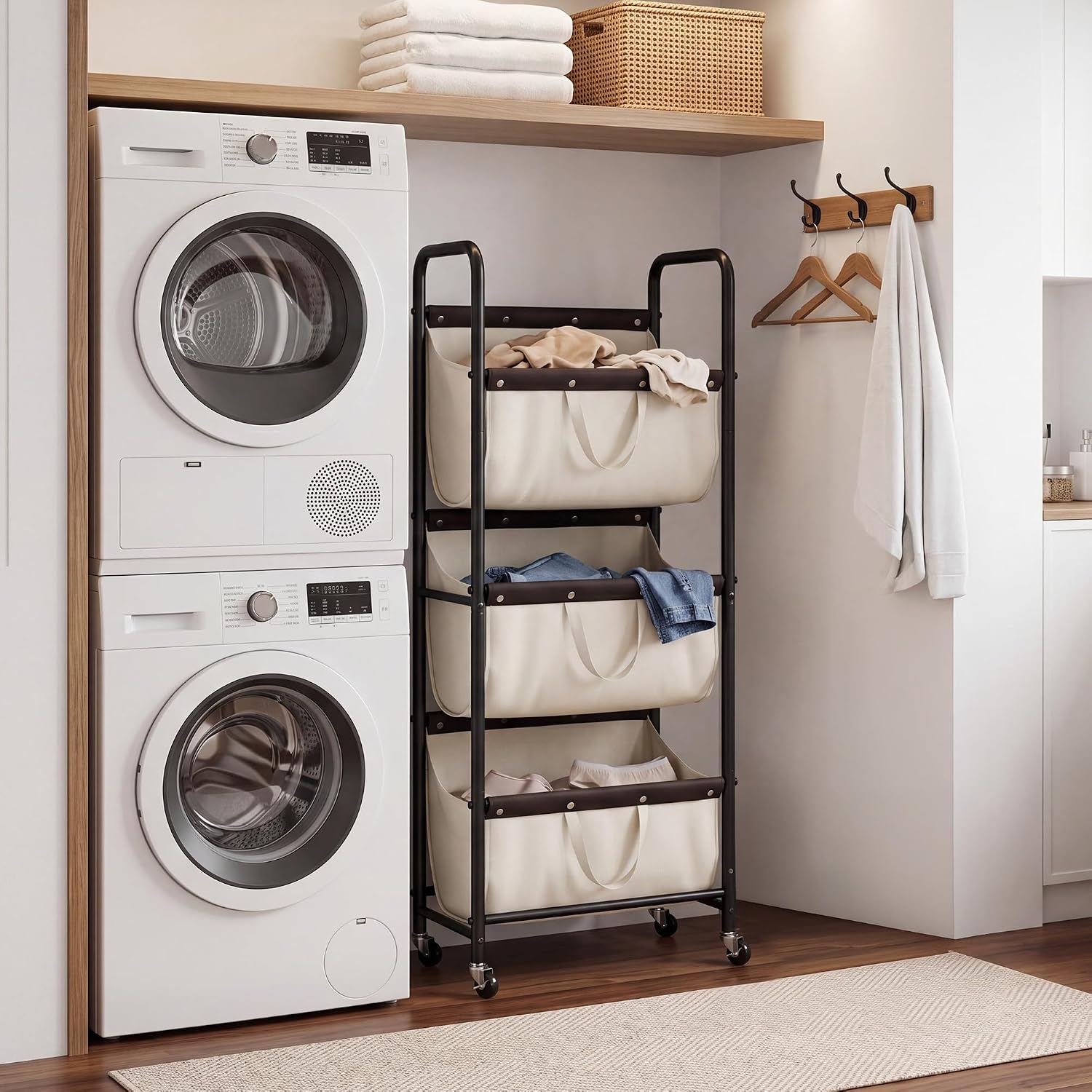 3 Tiered Laundry Sorter, Narrow Hamper Cart with Wheels | Sturdy 3 Section Laundry Basket with Wheels, Vertical Beige