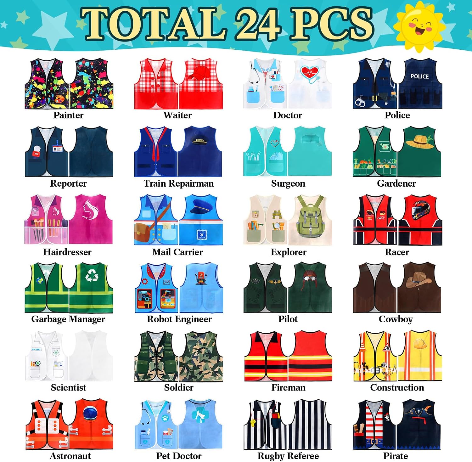 24 Pcs Kids Community Helper Dress Up Vest Career Cosplay Cloth Toddlers Occupation Pretend Play Costume