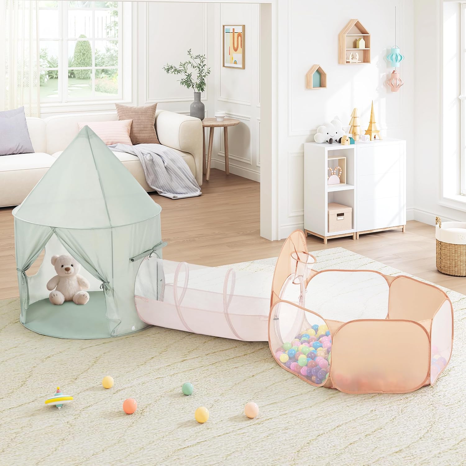 Pointed-Roof 3 in 1 Pop Up Play Tent with Ball Pit | Baby Ball Pit, Tunnel Toys for Toddlers 1-3, Soft Neutral Style