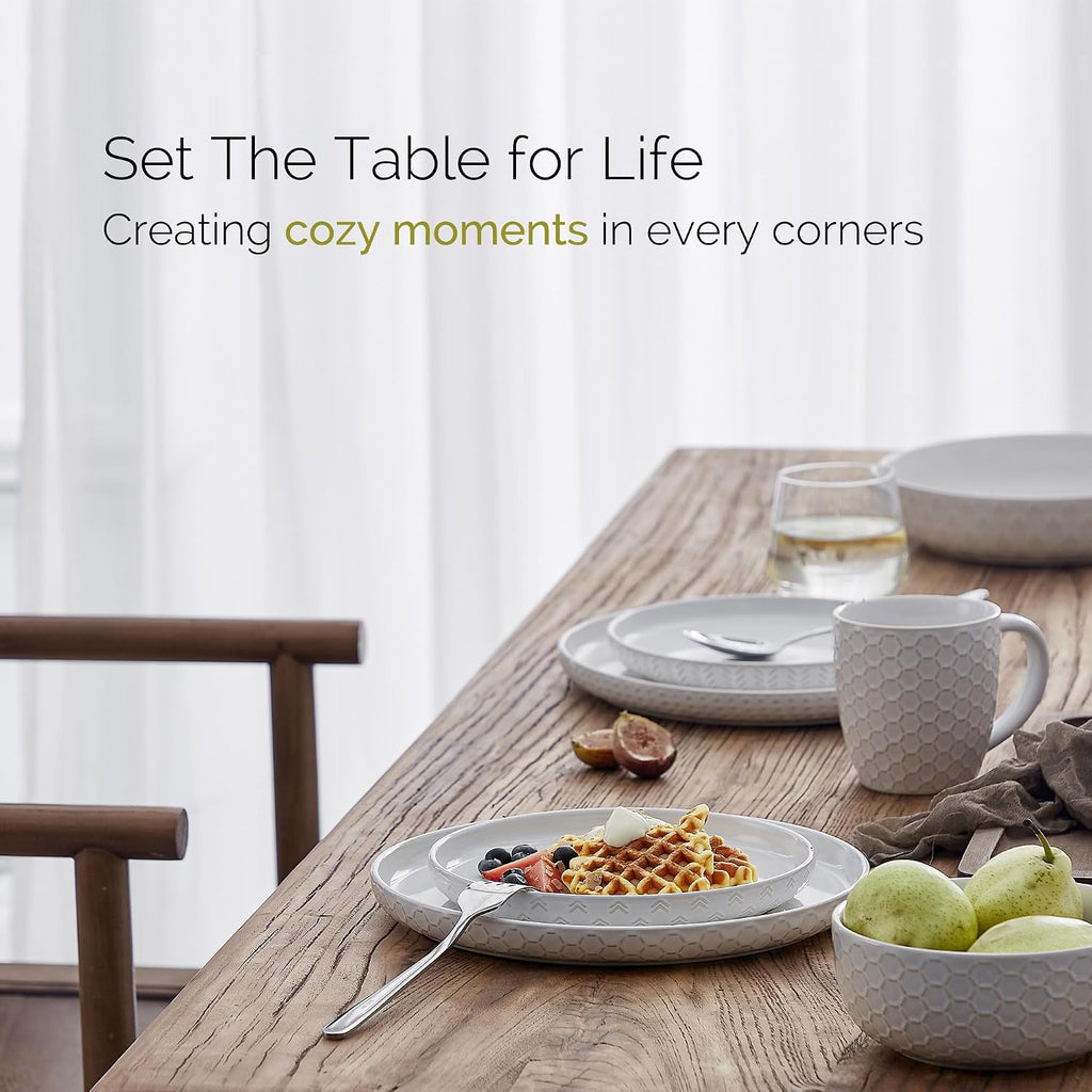 Stoneware Dinnerware Sets Service for 4, 12 pcs Reactive Glaze Plates and Bowls Sets, Embossed Boho Ceramic Dish Set
