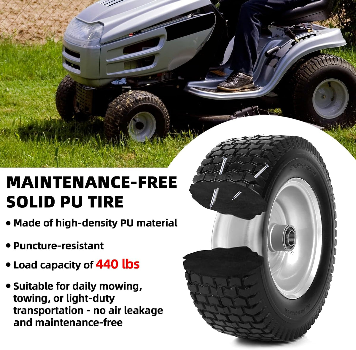 13x5.00-6 Flat-Free Tire and Wheel Assembly, Solid Lawn Mower Tire with 3/4" Bore Bearings & 3"-6.32" Centered Hub
