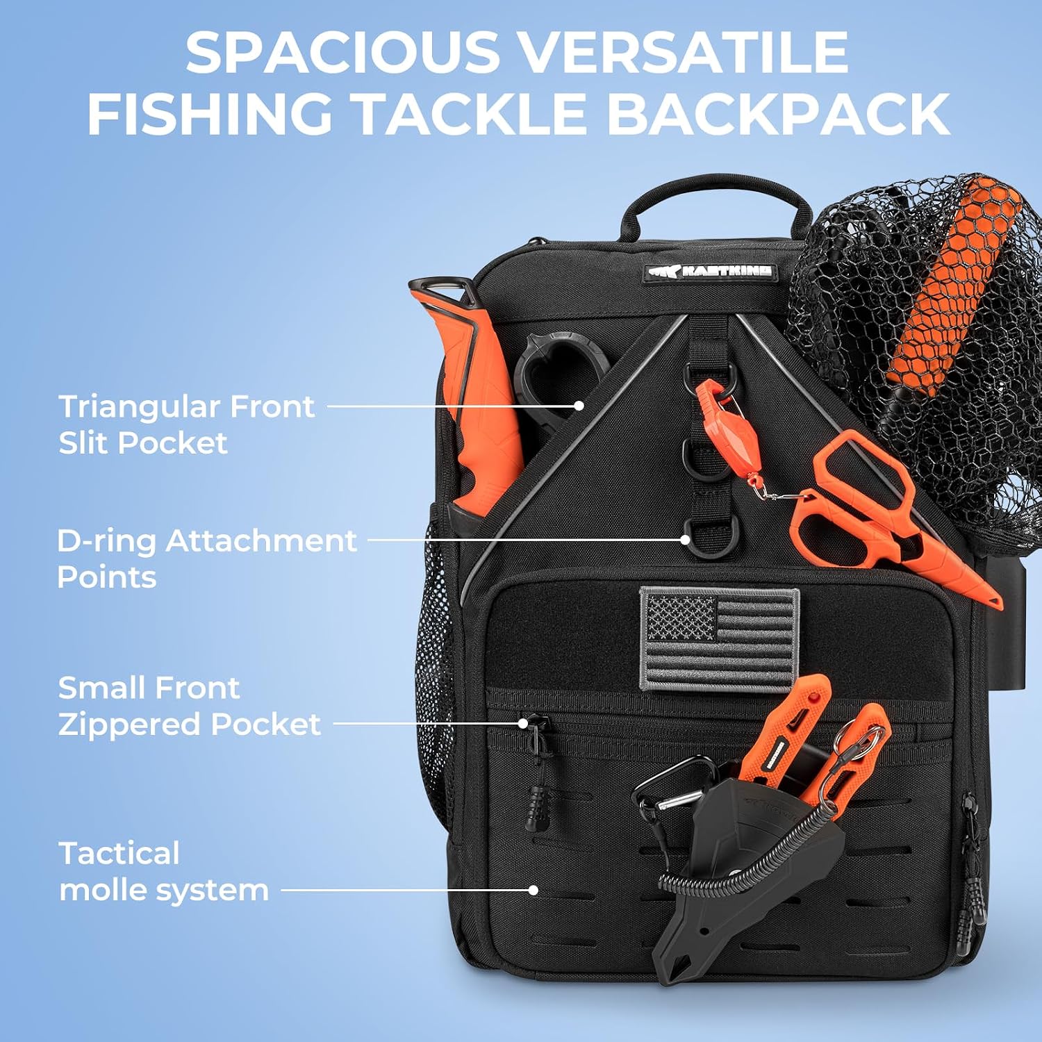 KarryAll Fishing Backpack with Rod Holder 4 Tackle Boxes, 40/26L | Tackle Bag Storage Fishing Gear and Equipment
