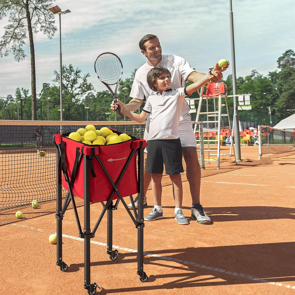 Foldable Tennis Ball Hoppers, Lightweight Aluminum Tennis Ball Basket with Wheels, Removable Bag, Side Pockets, Carry