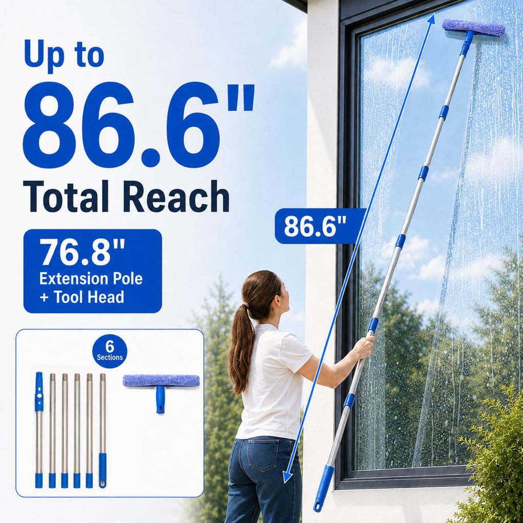 Window Cleaning Kit, 87-Inch Reach, Squeegee, Collapsible Bucket & Scraper