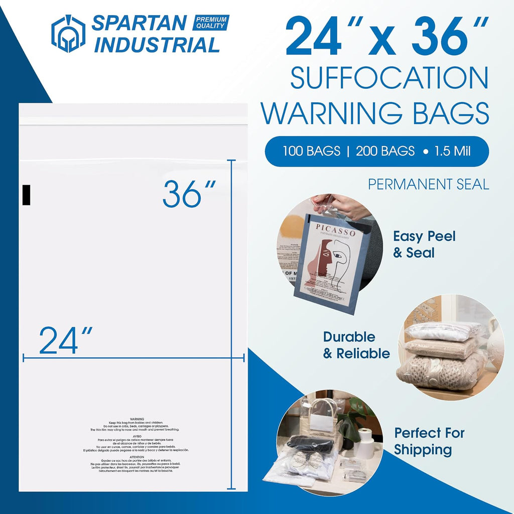 24" X 36" (200 Count) Self Seal Clear Poly Bags with Suffocation Warning