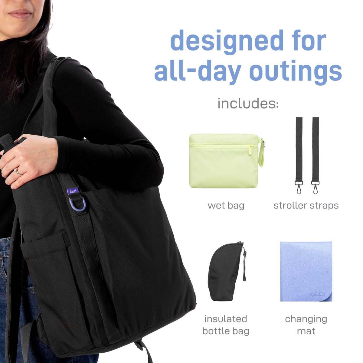 Fleuri All-Day Diaper Bag Backpack, Easy-Clean, Licorice