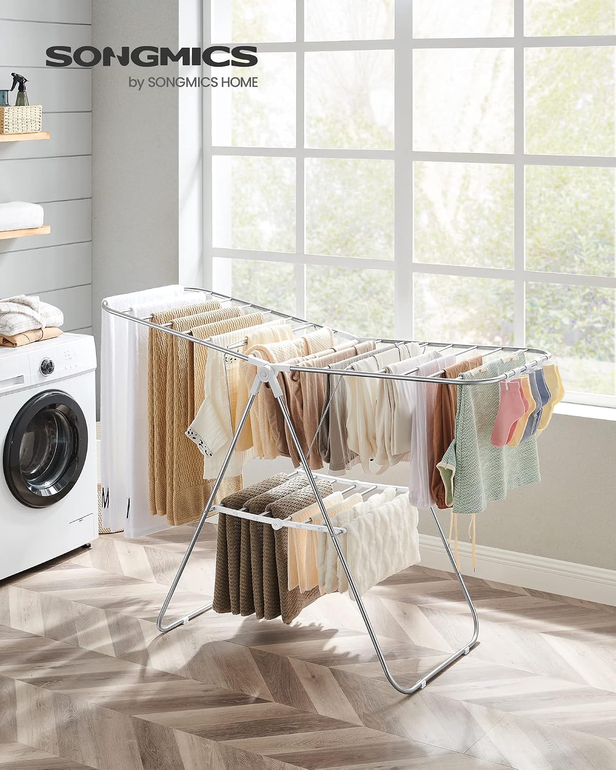 Clothes Drying Rack, with Sock Clips, Metal Laundry Rack, Foldable, Space-Saving, Free-Standing Airer, with 2