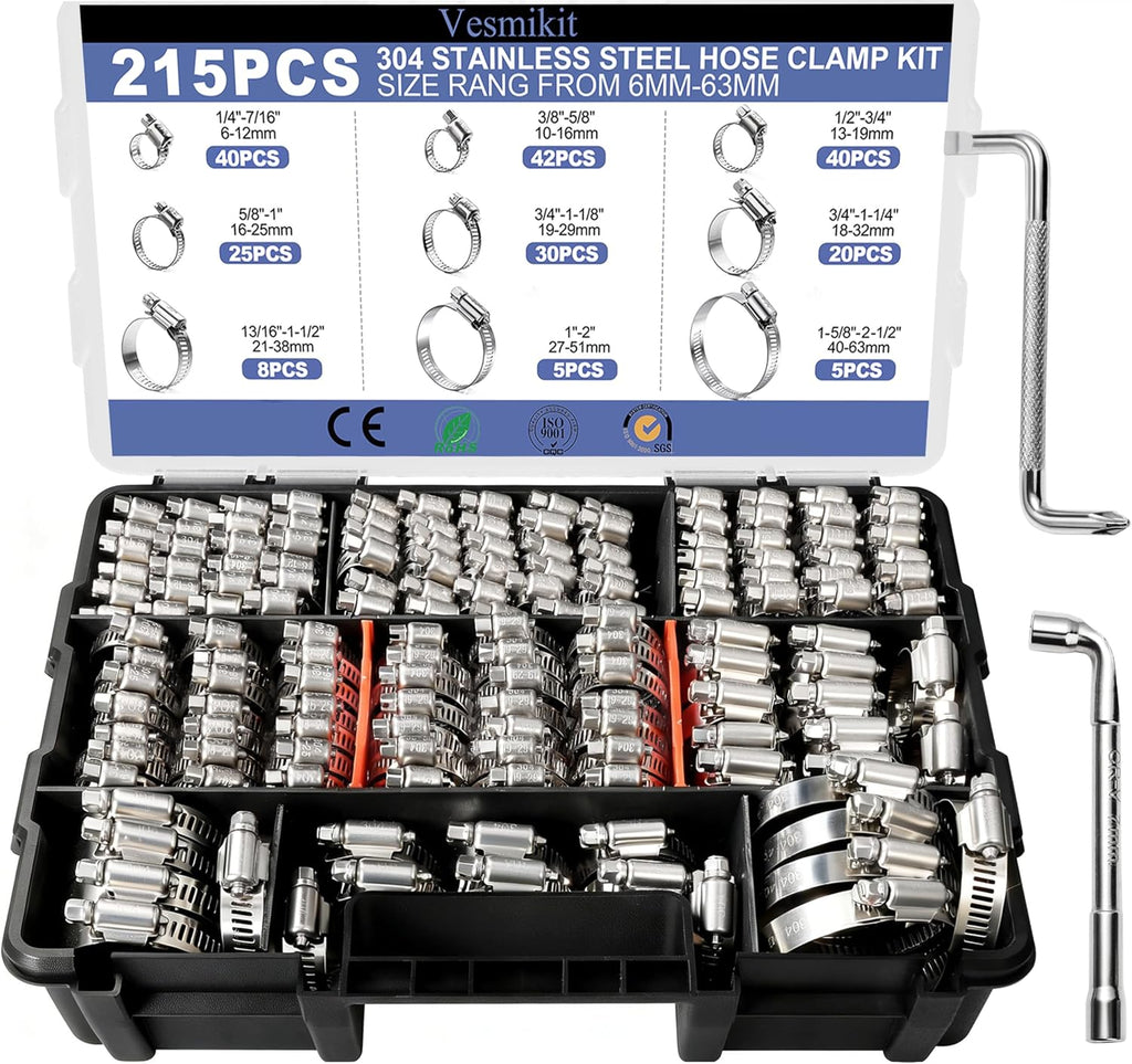 Hose Clamp Assortment- Vesmikit 215 PCS Stainless Steel Hose Clamps Kit | 1/4"–2-1/2"(6-63mm) Worm Gear Clamps for