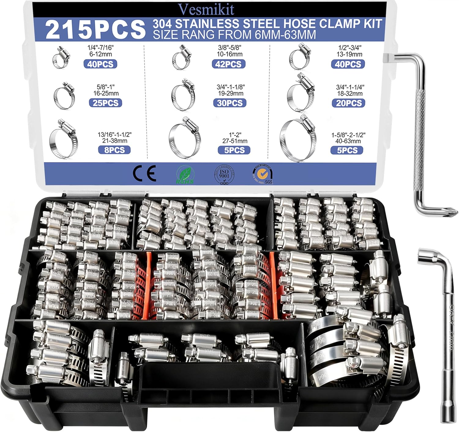 Hose Clamp Assortment- Vesmikit 215 PCS Stainless Steel Hose Clamps Kit | 1/4"–2-1/2"(6-63mm) Worm Gear Clamps for