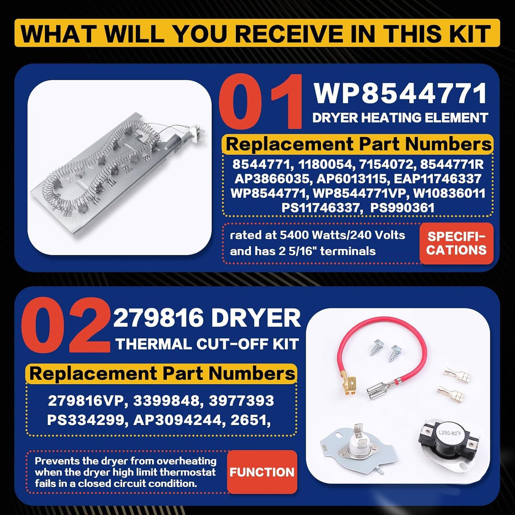 WED8740DW1 WED9400SW0 Dryer Heating Element Fit for Whirl-pool WED70HEBW0