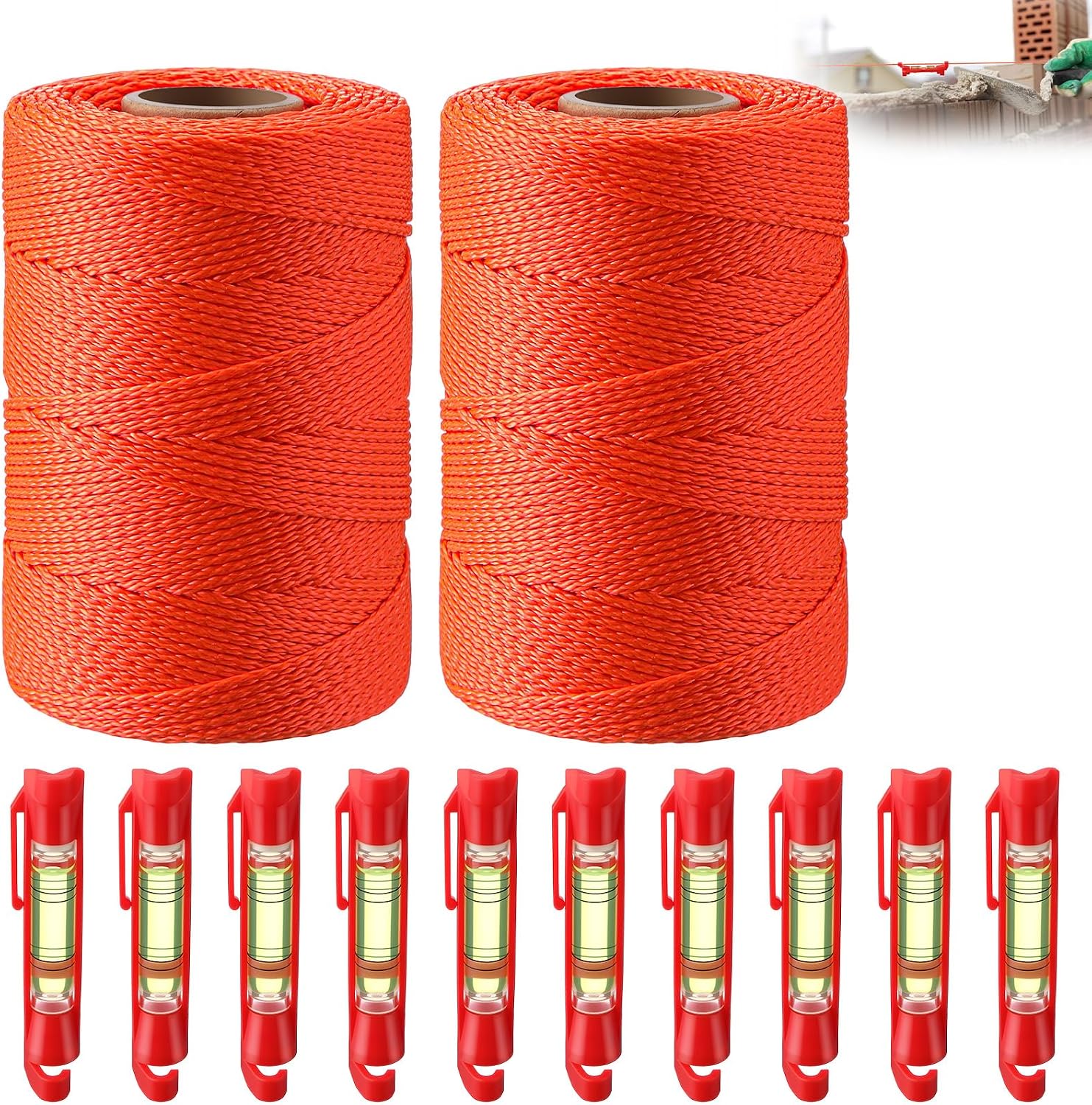 2 Pc Mason Line String #18 500 ft & 10 Pc Built-in Levels, Orange | String Level Line Kit, Suitable for DIY