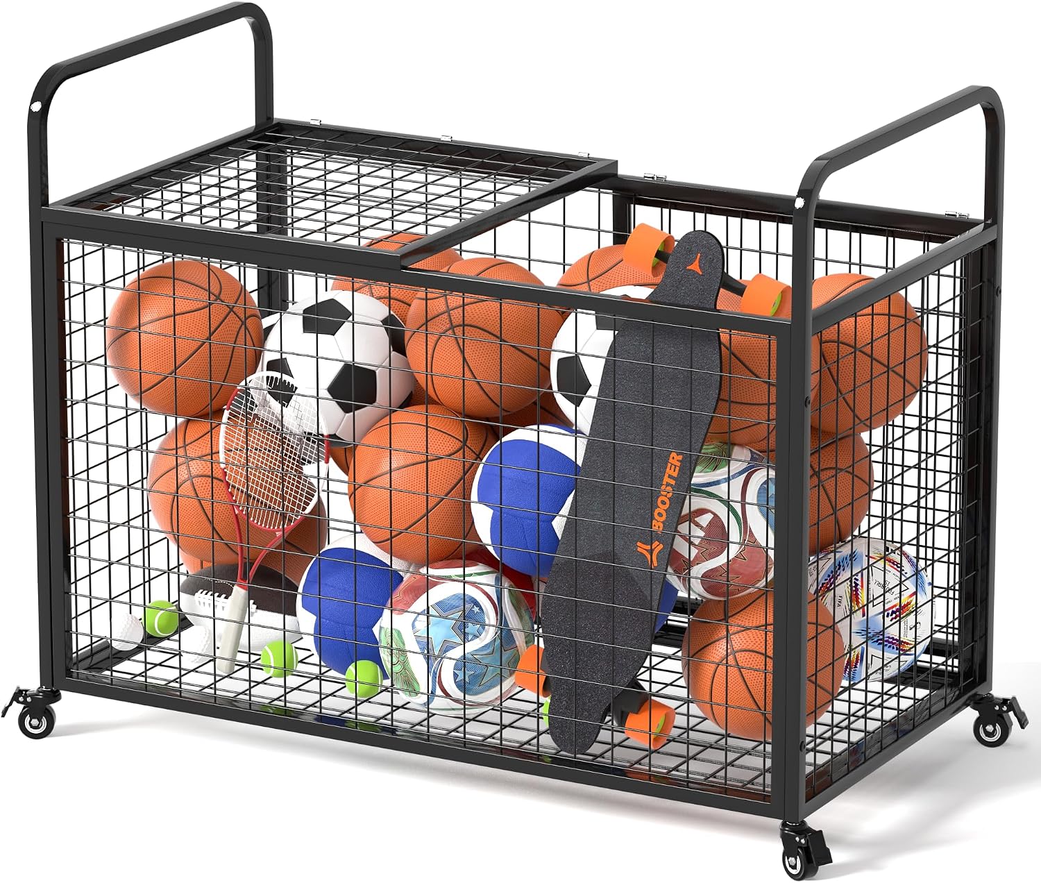 Ball Cart Storage for Garage Compatible with Optional Divider, Extra Large Basketball Cage Bin for Indoor Outdoor