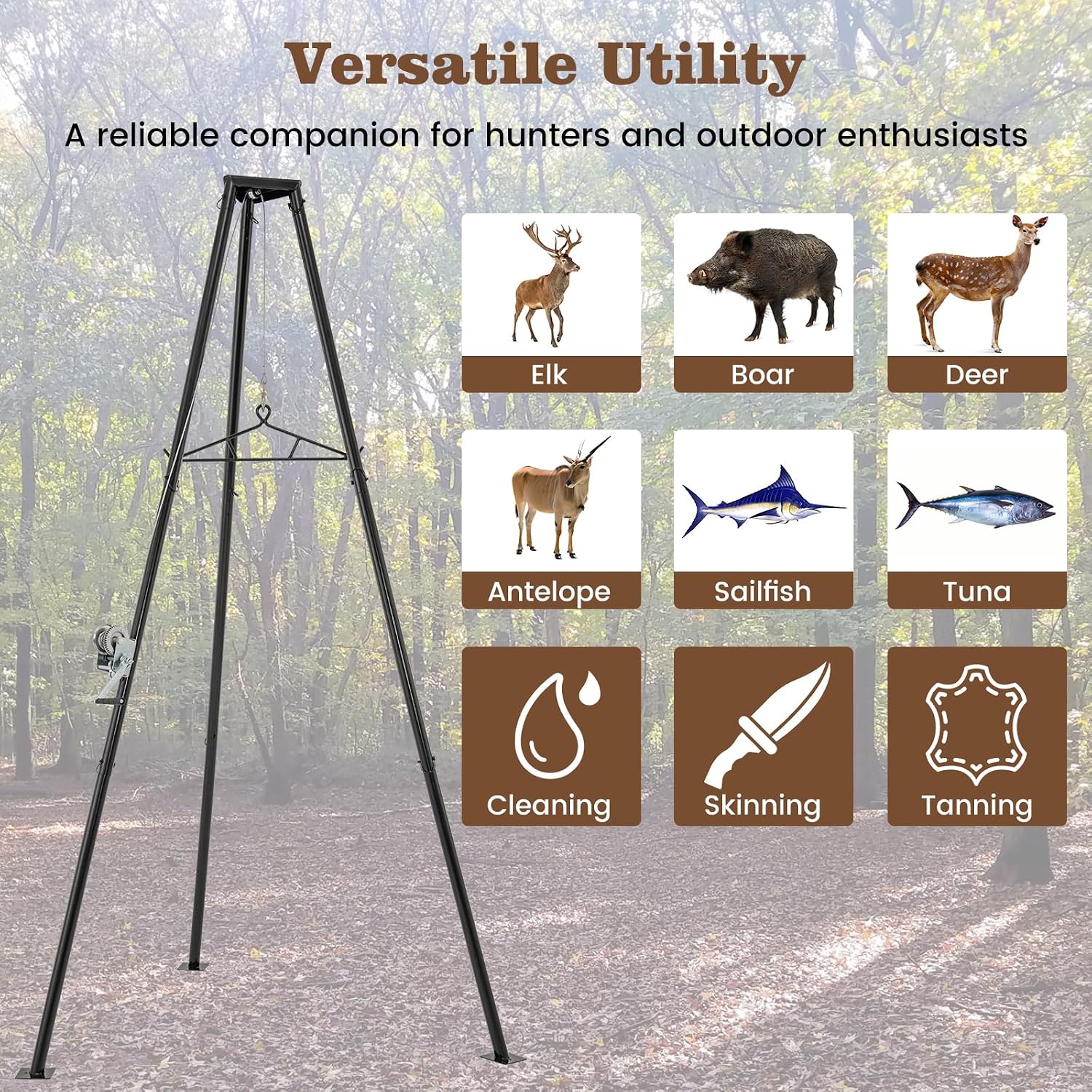 Moccha 600 LBS Tripod Game Hoist, Heavy-Duty Deer Hanger with Adjustable Gambrel & Manual Winch, Deer Hunting
