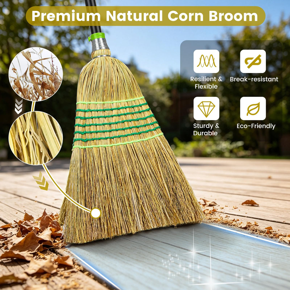 Heavy-Duty Corn Outdoor Broom with 54 Inch Long Handle