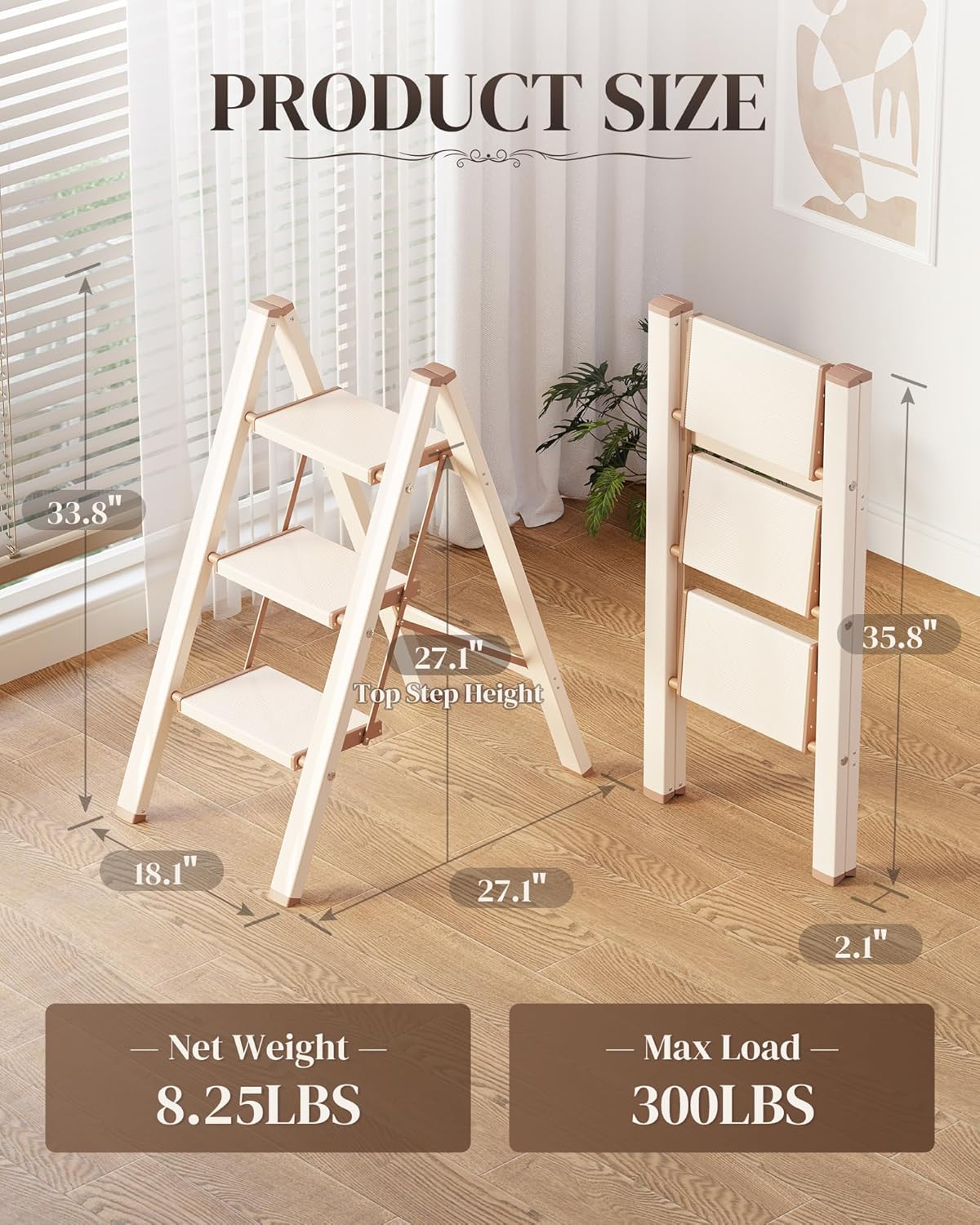 3 Step Ladder, Folding Step Stool with Wider Pedal, Anti-Slip Feet & Non Slip Stripes, Aluminum Sturdy Material
