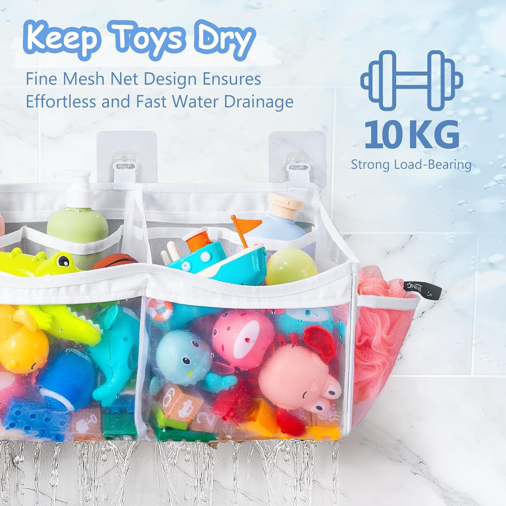 Extra Large Bath Toy Organizer with 3 Compartments and Multiple Pockets, Quick-Dry Mesh Bathtub Storage for Kids' Toys
