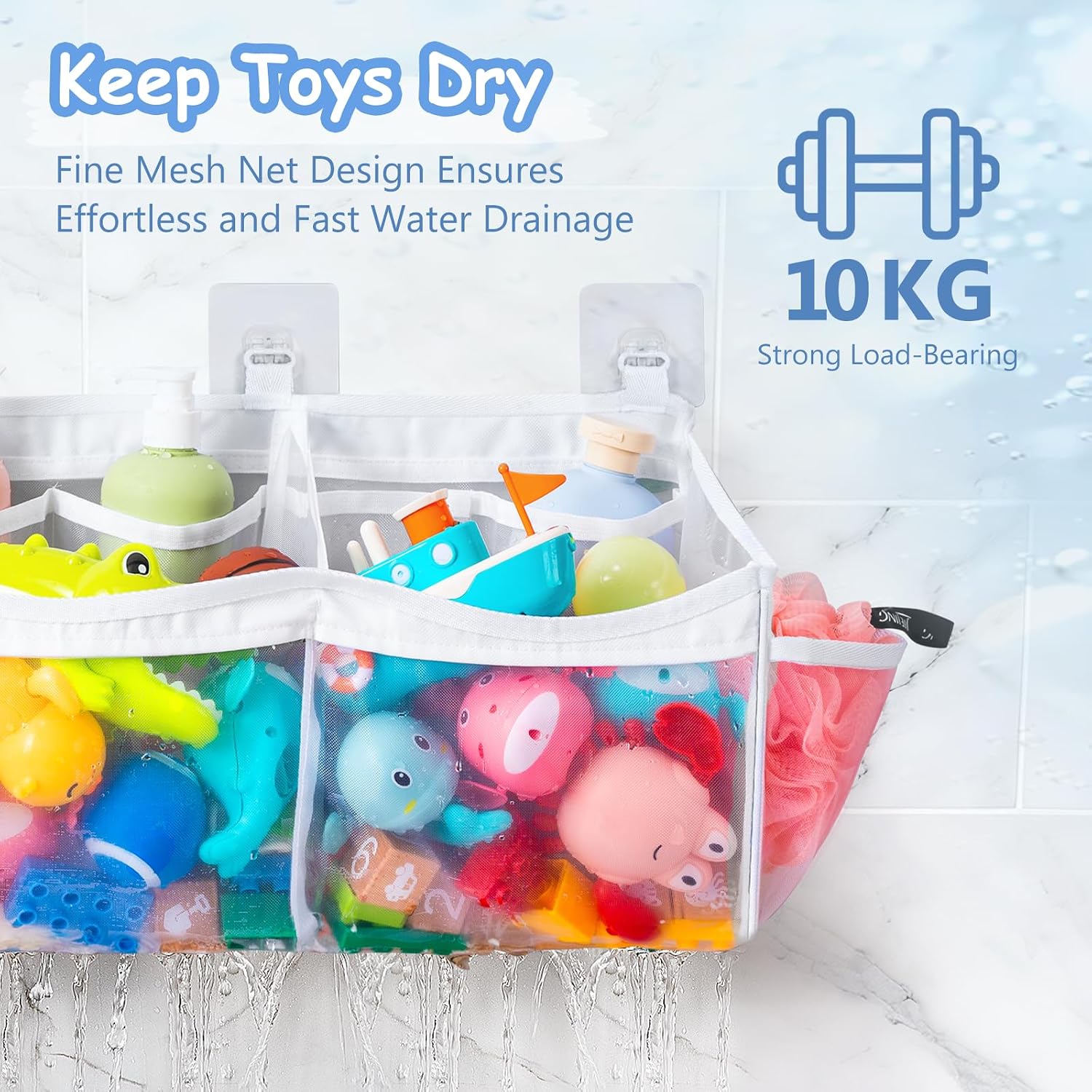 Extra Large Bath Toy Organizer with 3 Compartments and Multiple Pockets, Quick-Dry Mesh Bathtub Storage for Kids' Toys