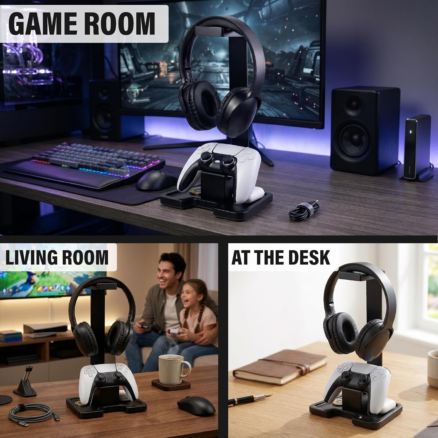 Gaming Accessories Headset Stand with Game Controller Holder & Storage Base, Stylish Gamer Gifts for Men Teenage Boy