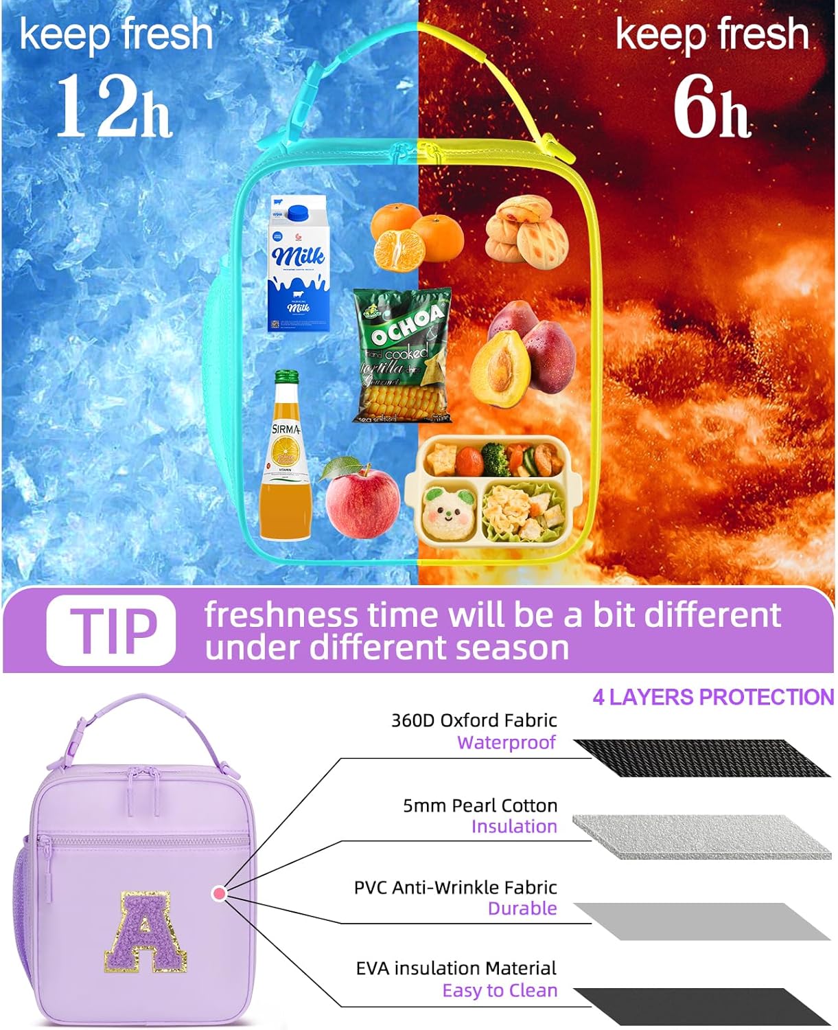 Initial Insulated Lunch Bag for Girls Kids, Back to School Gift, Reusable Leak-proof Lunch Box with Adjustable Strap