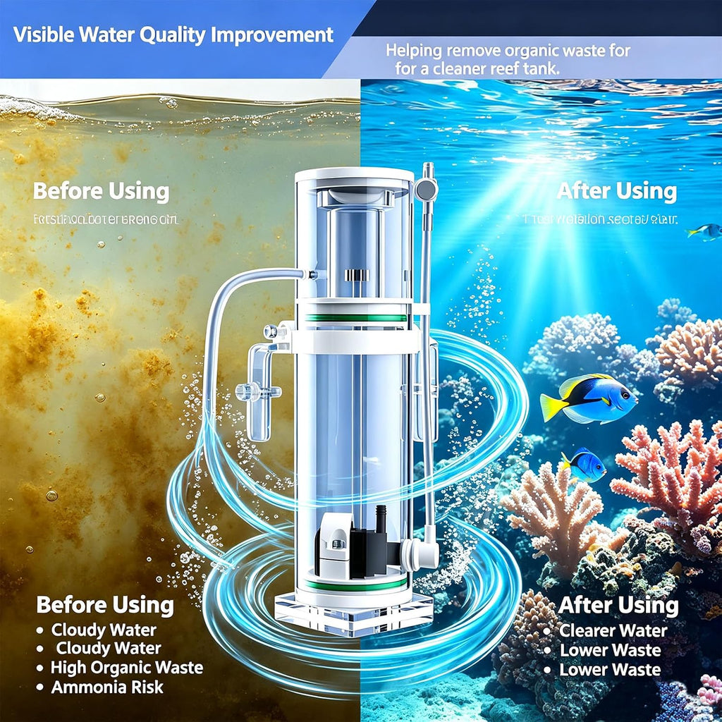 Protein skimmer for saltwater aquariums, suitable for coral tanks with a capacity of no more than 80 gallons. DC