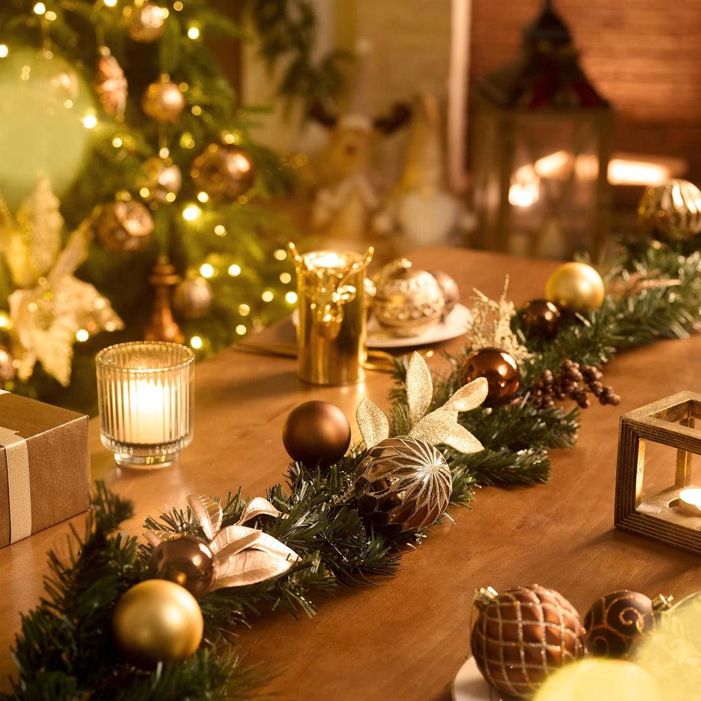 9 Ft Pre-Lit Christmas Garland with Lights for Mantle, Lighted Outdoor Xmas Garland with Copper Gold Balls Norfolk