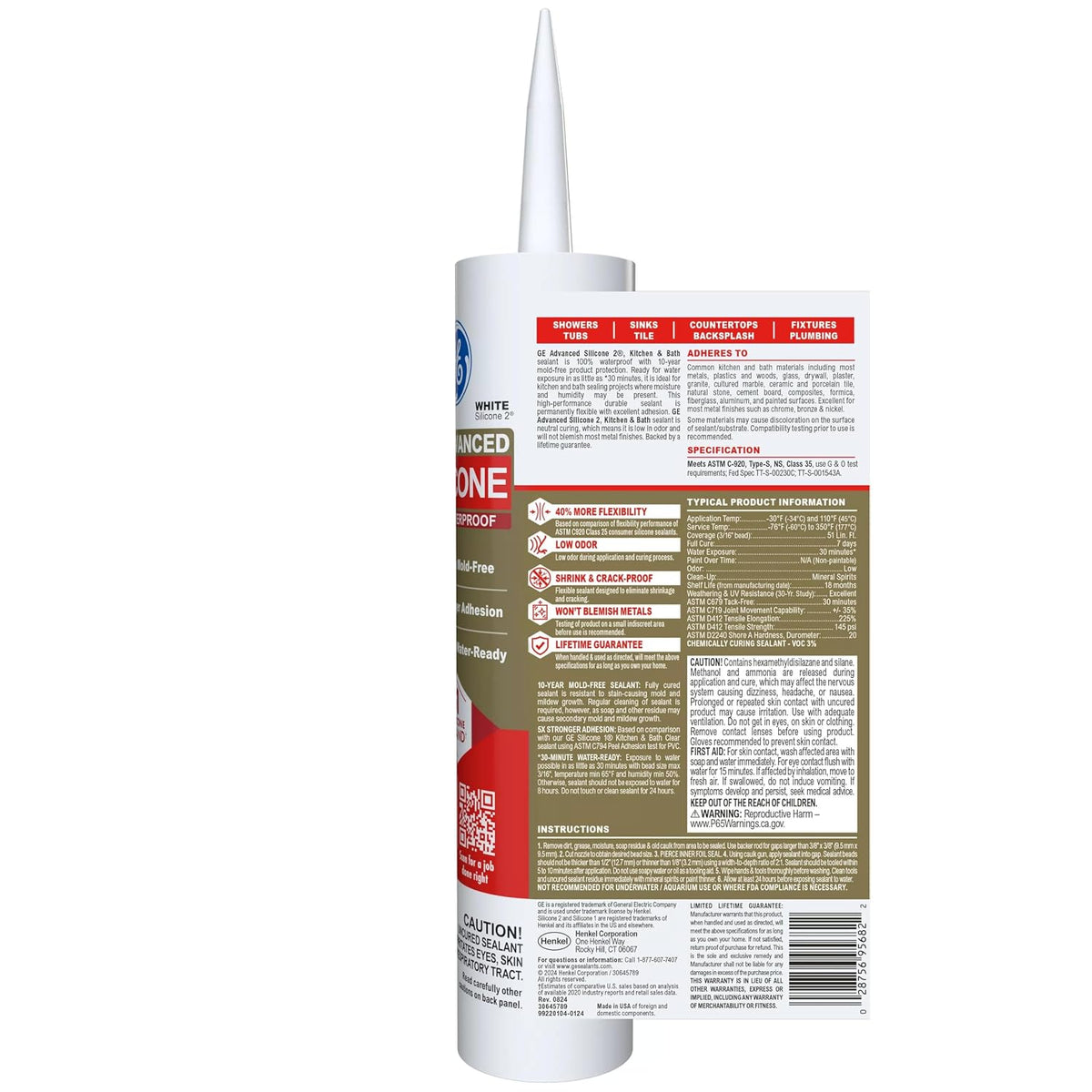 Advanced Silicone Caulk for Kitchen & Bathroom, White, 10 fl oz Cartridge, 1 Pack - 100% Waterproof Silicone Sealant