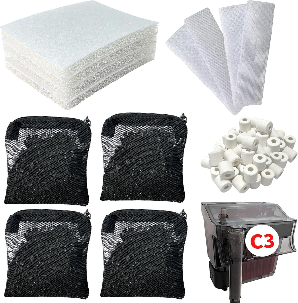 Filter Media Kits Compatible with Fluval C3 (50 Gal) Aquarium Power Filter