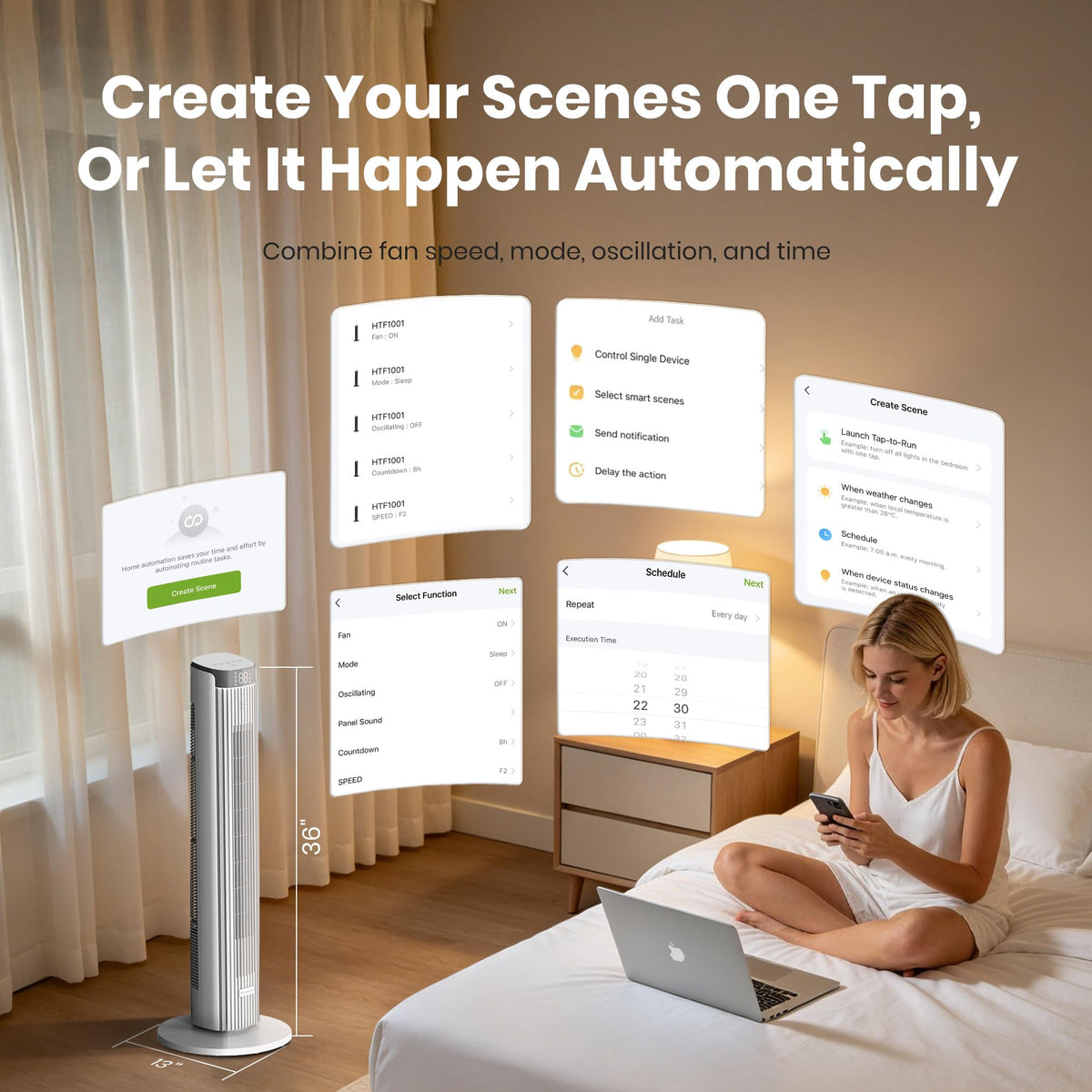 Tower Fan for Bedroom, 23dB, 90°oscillating, Smart Control, White