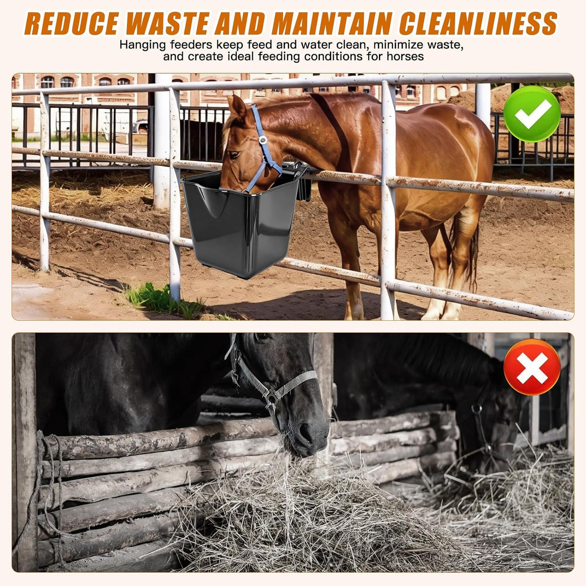 15 Qt Hook-Over Plastic Livestock Horse Feed Bucket, 6-Pack, Black