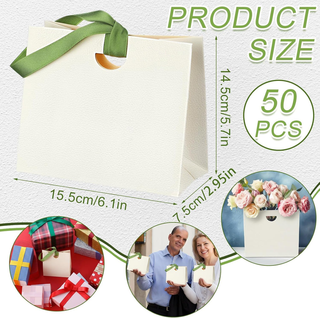 50 Pcs Paper Mini White Gift Bags with Ribbon Handle Bulk 6x5.7x3